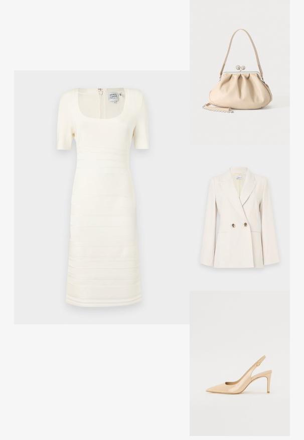 Beige dobbeltradet blazer med guldfarvede knapper, hakkede slag og lange ærmer. Fremstillet i et glat stof med skræddersyet pasform.; Hvid, ribbet strikket kjole med firkantet halsudskæring og korte ærmer; har horisontale teksturmønstre og en lynlås i ryggen.; Nude patenteret læder slingback hæl med spidse tæer, åben vamp og en tynd stiletto hæl. Har et cirkulært guldfarvet element på remmen.; Beige blød læderhåndtaske med en sølv metalramme-lukning, enkelt skulderstrop og en valgfri kæderem på en hvid baggrund.
