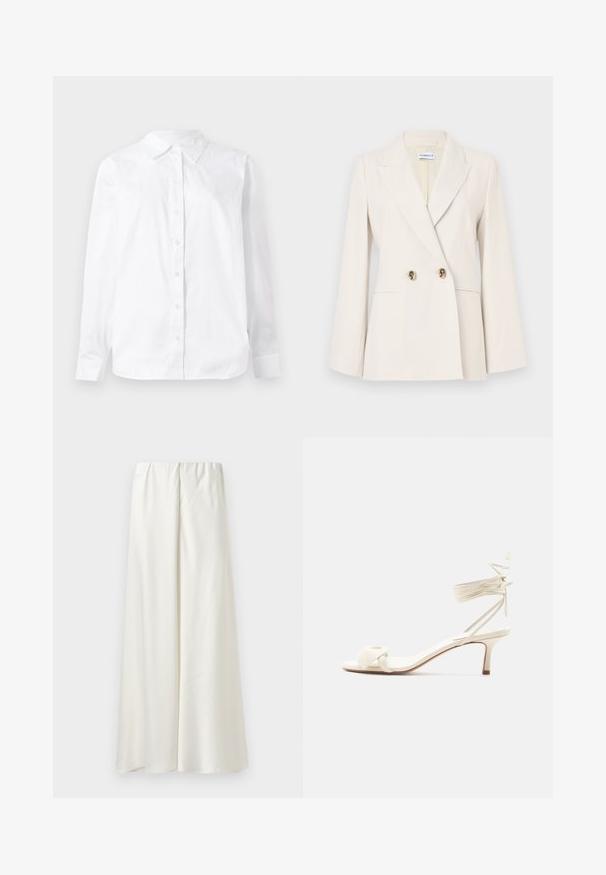 Beige dobbeltradet blazer med guldfarvede knapper, hakkede slag og lange ærmer. Fremstillet i et glat stof med skræddersyet pasform.; Hvid langærmet skjorte med knapper lavet af bomuld, med spidse kraver og lige pasform med en glat tekstur.; Hvid, bredbukset nederdel lavet af glat stof med elastisk talje; har minimal syning og ingen yderligere mønstre eller detaljer.; Kremfarvet sandal med lave hæle, bindebånd om anklen og en bred snoet rem over tæerne på en ensartet hvid baggrund.