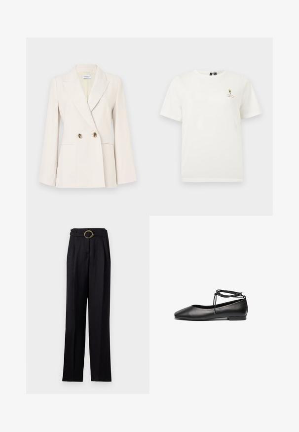 Beige dobbeltradet blazer med guldfarvede knapper, hakkede slag og lange ærmer. Fremstillet i et glat stof med skræddersyet pasform.; Hvid T-shirt med korte ærmer og rund halsudskæring med lille grafik og tekst trykt på øverste venstre brystområde.; Sorte, højtaljede bukser med bred ben-design, prydet med en drejet guldbuckle på bæltet. Glat stof med subtil glans.; Sorte læder ballerinaer med spids tå, flad hæl og snørredetalje om anklen. Glat tekstur, minimalistisk design.
