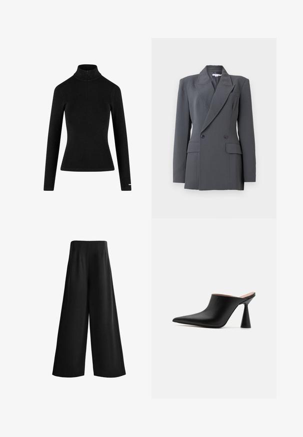 Mørkegrå dobbeltradet blazer med polstrede skuldre, notched revers, to frontlommer med klap og to synlige knapper på hver side.; Sort ribbet langærmet turtleneck med en lynlås i kraven og tætsiddende silhuet, lavet af et blødt, strækbart stof. Minimalistisk design.; Sort viddebenede bukser med høj talje i glat stof og en ren, skræddersyet finish.; Sorte lædermules med spids tå og en unik kegleformet hæl. Glat tekstur og minimalistisk design, åben bagside for nem påtagning.