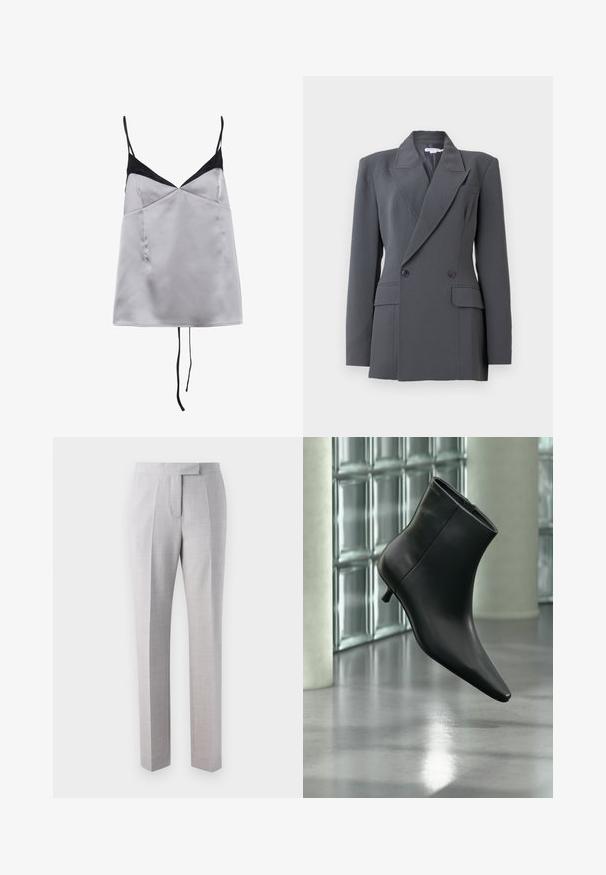 Mørkegrå dobbeltradet blazer med polstrede skuldre, notched revers, to frontlommer med klap og to synlige knapper på hver side.; Satin cami i lys grå med sorte accenter og tynde stropper. Har en V-hals, glat tekstur og en afslappet pasform.; Lys grå skræddersyede bukser lavet af fint tekstureret stof med flad front, folder og lige ben. Sidder højt på taljen.; Sort læderankelstøvle med spids tå og lav kitten-hæ, vist vinklet mod en poleret gulv- og glasblokvæg.