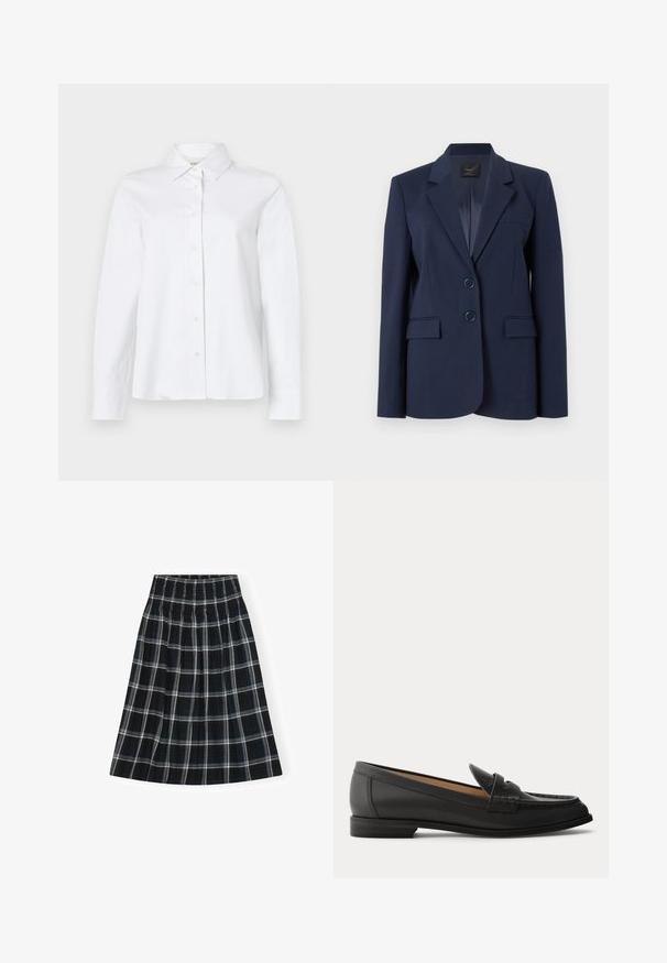 Merijakk made of smooth fabric, featuring two buttons, a notch lapel, front pockets, and tailored fit.; CLOSED CLASSIC SHIRT WITH STRAP DETAIL - Paitapusero - white; Mustavalkoinen ruudullinen hame, jossa on kuminauhavyötärö, polven mittainen, flare-mallinen ja pehmeä kankaan tekstuuri.; Mustat nahkaiset naisten loaferit, joissa matala korko, pyöreä kärki ja yläosan ommellut yksityiskohdat, kuvattu sivulta yksivärisellä taustalla.