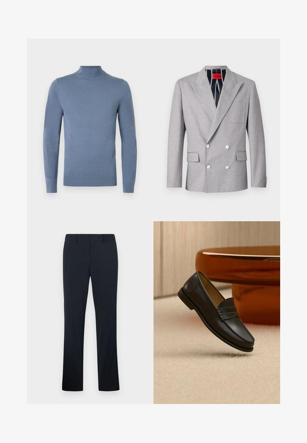 Blazer gris de doble botonadura hecho de tela texturizada. Presenta solapas en picos, dos bolsillos frontales y botones blancos. Forrado con un patrón a rayas.; Suéter de cuello alto azul claro hecho de tela de punto, con mangas largas, cuello acanalado y dobladillo. Diseño sencillo sin patrones visibles.; Pantalones de vestir negros de corte recto para hombre con trabillas para cinturón y cremallera frontal, mostrados sobre un fondo claro y liso.; Zapato mocasín de cuero negro suspendido sobre una alfombra beige con muebles modernos de color ámbar en el fondo.