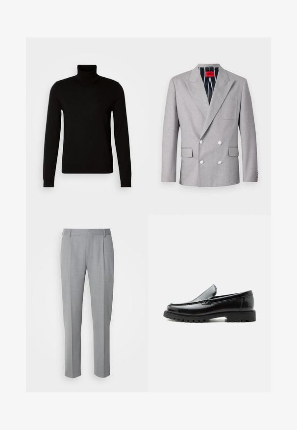 Grå dobbeltradet blazer lavet af tekstureret stof. Har spidse klapper, to forlommer og hvide knapper. Fôret med stribet mønster.; Sort turtleneck sweater lavet af et fint strikket stof, der har lange ærmer og en tætsiddende silhuet. Glat tekstur med ribbede manchetter.; Grå skræddersyede bukser med en glat tekstur, som har en flad front, lige ben og diskrete folder for ekstra detalje.; Sort læderloafer med chunky gummisål, syet overdel og præget mærkenavn på hælen, vist i sideprofil på hvid baggrund.