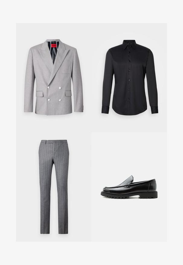 Grijze dubbelvoudige blazer van textuurstof. Heeft pieklapels, twee voorzakken en witte knopen. Voering met gestreept patroon.; Zwarte button-up shirt gemaakt van gladde stof, met een klassieke kraag, lange mouwen en knoopsluiting aan de voorkant.; Grijze pinstriped broek gemaakt van textuurstof, met een klassiek ontwerp, rechte pasvorm en twee voorke pockets.; Zwarte leren loafer met dikke rubberen zool, gestikte bovenkant en gegraveerde merknaam op de hiel, zijaanzicht op witte achtergrond.