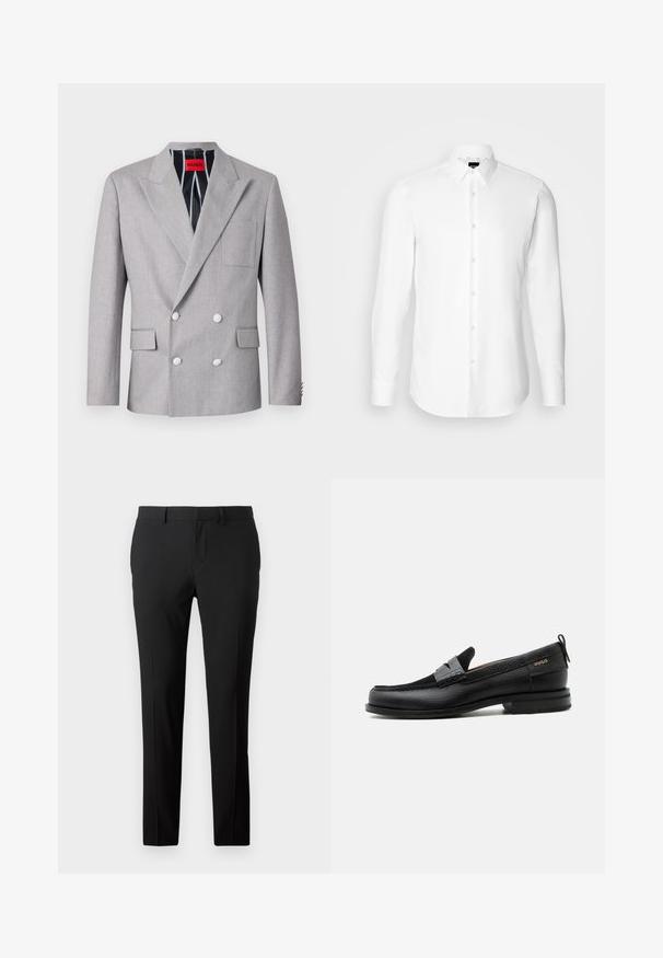 Grauer doppelt-knöpfiger Blazer aus strukturiertem Stoff. Mit spitzen Revers, zwei vorderen Taschen und weißen Knöpfen. Gefüttert mit gestreiftem Muster.; Weißes Langarmhemd, vorne mit Knöpfen, klassischer Kragen, aus glattem Stoff mit feiner Textur, für eine figurnahe Passform entworfen.; Maßgeschneiderte schwarze Hose aus glattem Stoff. Sie verfügt über ein gerades Bein, Vorderfalten und Gürtelschlaufen für eine anpassbare Größe.; Schwarzer Lederloafer mit grauem Riemendetail, niedrigem Absatz und strukturierter Sohle, seitlich mit „HUGO“ in Gold gebrandmarkt.