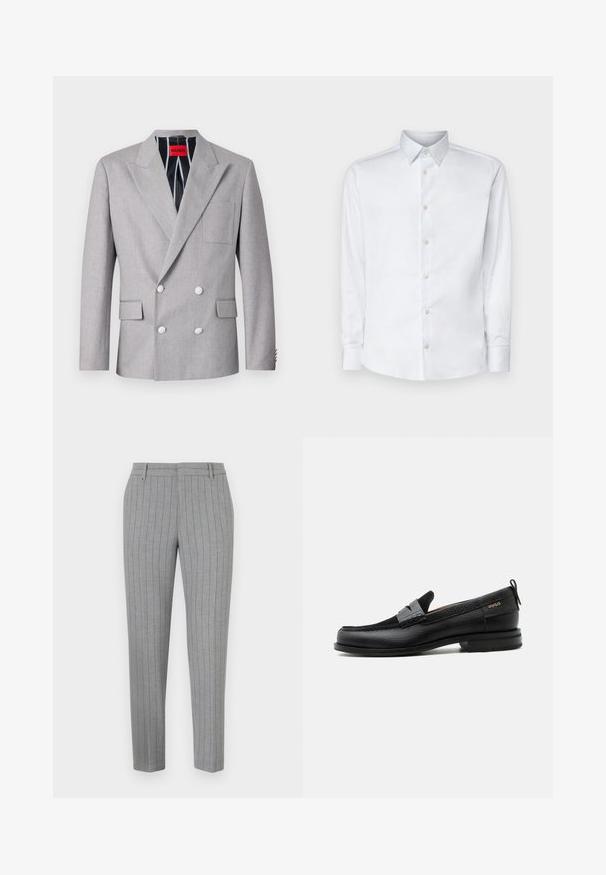 Blazer gris de doble botonadura hecho de tela texturizada. Presenta solapas en picos, dos bolsillos frontales y botones blancos. Forrado con un patrón a rayas.; Camisa blanca de manga larga hecha de tela suave, con un cuello clásico, tapeta de botones y puños con botones, presentada sobre un fondo liso.; Pantalones a rayas grises con un ajuste entallado, frente plano y bolsillos laterales. Fabricados con una tela suave y un brillo sutil.; Mocasín de cuero negro con detalle de tira gris, tacón bajo y suela texturizada, con la marca "HUGO" en oro en el lateral.
