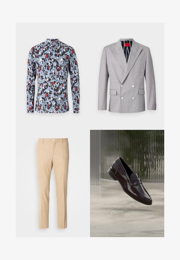 Grauer doppelt-knöpfiger Blazer aus strukturiertem Stoff. Mit spitzen Revers, zwei vorderen Taschen und weißen Knöpfen. Gefüttert mit gestreiftem Muster.; Langärmliges Hemd mit Knopfleiste in Hellblau, mit einem floralen Muster in Rot, Schwarz und Weiß. Verfügt über einen Kragen und eine Vorderknopfleiste.; Beige maßgeschneiderte Hosen aus strukturierter Stoff, mit geradem Bein-Design, vorderen Falten und einem einzigen Knopfverschluss an der Taille.; Braune Leder-Loafer mit glänzendem Finish, die eine erhabene Naht und ein kleines ausgestanztes Detail an der Vorderseite aufweisen, sowie eine flache schwarze Sohle.