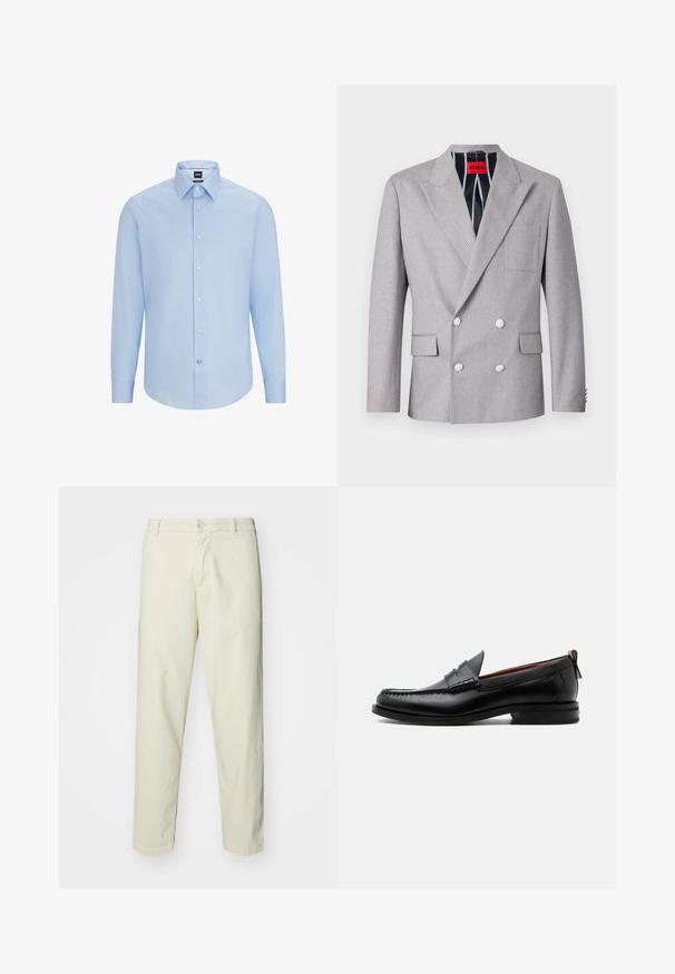 Grauer doppelt-knöpfiger Blazer aus strukturiertem Stoff. Mit spitzen Revers, zwei vorderen Taschen und weißen Knöpfen. Gefüttert mit gestreiftem Muster.; Himmelblaues, langärmliges Hemd mit Knopfleiste und klassischem Kragen, aus glattem Stoff gefertigt. Mit weißen Knöpfen an der Vorderseite und an den Manschetten.; Hellbeige Baumwollhosen mit geradem Bein, ausgestattet mit einem vorderen Knopfverschluss und normalen Taschen, glatter Textur und ohne Muster.; Schwarzer Leder-Herrenschuh mit Mokassinnaht, Penny-Riemen, strukturiertem Kragen und niedrigem gestapeltem Absatz auf weißem Hintergrund.