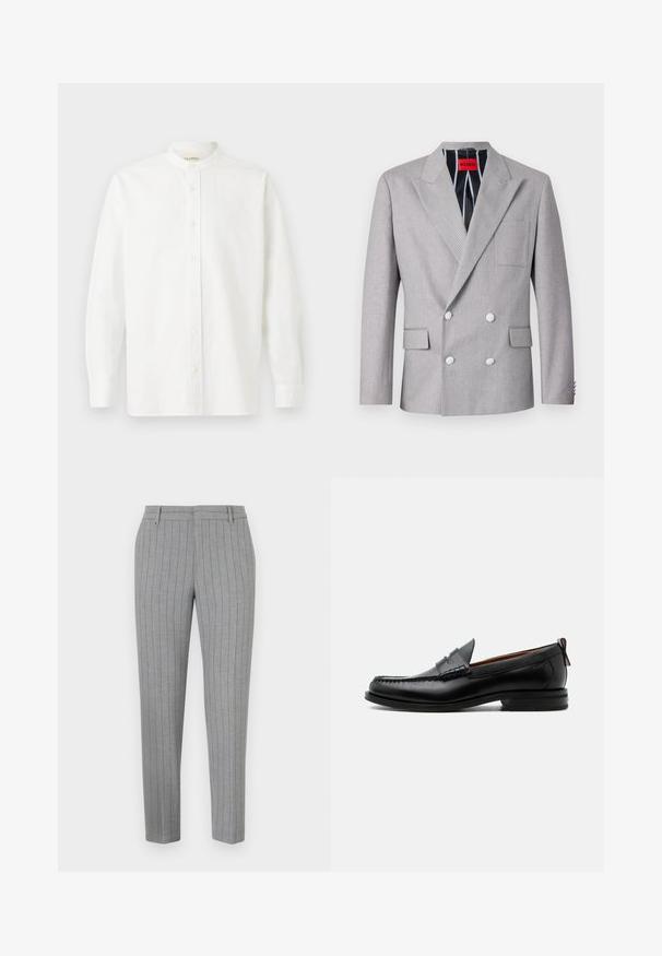 Blazer gris à double boutonnage en tissu texturé. Doté de revers en pointe, de deux poches avant et de boutons blancs. Doublé avec un motif rayé.; CLOSED COLLARLESS SHIRT - Chemise - white; Pantalon gris à fines rayures avec une coupe ajustée, devant plat et poches latérales. Confectionné dans un tissu lisse avec un léger éclat.; Mocassin homme en cuir noir avec couture moc toe, bride penny, col texturé et petit talon empilé sur fond blanc.