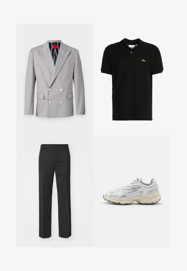 Grauer doppelt-knöpfiger Blazer aus strukturiertem Stoff. Mit spitzen Revers, zwei vorderen Taschen und weißen Knöpfen. Gefüttert mit gestreiftem Muster.; Schwarzes Polo-Shirt aus Baumwollstoff, mit klassischem Kragen, kurzen Ärmeln und einem kleinen grünen Lacoste-Logo auf der linken Brust.; Filippa K TROY TROUSERS - Stoffhose - black; Weiße Sportschuhe mit grauen Akzenten, Obermaterial aus Mesh und Synthetik, Schnürdesign und rutschfester Gummisohle mit Strukturmustern.