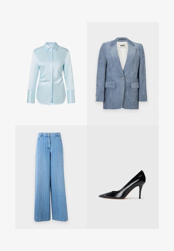 Blazer en velours côtelé bleu avec revers crantés, fermeture par un seul bouton, deux poches avant et manches longues. Texture douce avec motif côtelé.; Chemise en satin bleu clair à boutons, col classique, manches longues et coupe droite. Texture lisse avec une finition brillante.; Jean large bleu clair avec de fines rayures verticales blanches, bouton sur le devant, fermeture éclair et poches avant.; Escarpin à talon haut en cuir verni noir avec un bout pointu, présentant une texture lisse et un talon aiguille mince. Aucun accessoire visible.