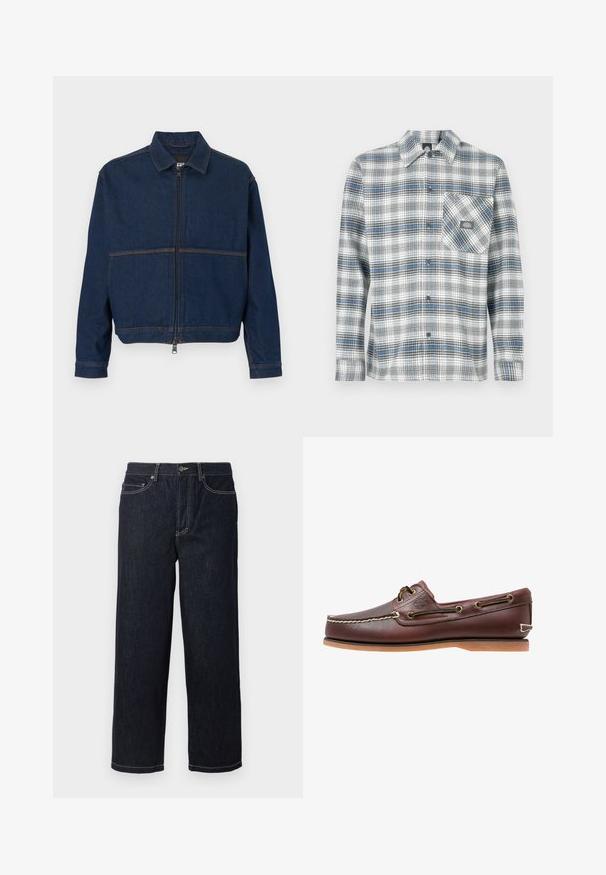 Dunkelblaue Jeansjacke mit einem Reißverschluss vorne, klassischem Kragen und zwei kontrastierenden Nähten über der Brust. Lange Ärmel mit Knopfmanschetten.; Langärmeliges kariertes Hemd in Grau, Blau und Weiß. Verfügt über einen Knopfkragen und eine linke Brusttasche mit Logopatch.; Dunkelblaue gerade geschnittene Jeans aus Denim mit fünf Taschen und weißen Kontrastnähten, Knopfverschluss und Gürtelschlaufen.; Brauner Leder-Bootsschuh mit weißen Nähten, Schnürdetails und hellbrauner Gummisohle, seitlich auf weißem Hintergrund gezeigt.