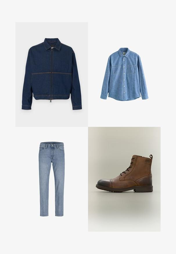 Mørkeblå denimjakke med lynlås foran, klassisk krave og to kontrasterende sømme hen over brystet. Lange ærmer med knapmanchetter.; Langærmet blå chambray-skjorte med knaplukning foran og to brystlommer, lagt fladt på en hvid baggrund.; Lysblå denimbukser med lige ben, fem lomme-design, syninger og knaplukning i taljen.; Brun læderstøvle med snørebånd, sort tåhætte, rund sål og mærket detalje på siden mod ensfarvet baggrund.