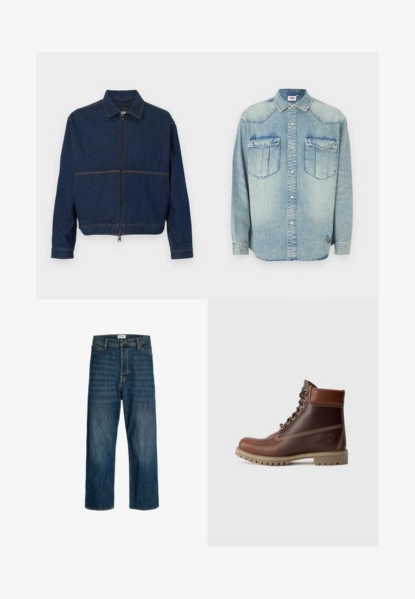 Donkerblauwe spijkerjasje met een ritssluiting aan de voorkant, een klassieke kraag en twee contrasterende naden over de borst. Lange mouwen met manchetten en knopen.; Lichtblauw denim overhemd met lange mouwen, drukknoopsluiting, puntkraag, twee borstzakken en merkpatch aan de onderzijde.; Denimjeans in een donkerblauwe wassing met een rechte pijpuitvoering. Kenmerken zijn onder andere een knoopsluiting, riemlussen en stikselaccenten.; Bruine leren veterschoen tot de enkel met gevoerde kraag, contrasterende stiksels en een robuuste zool, getoond vanaf de buitenkant op een witte achtergrond.
