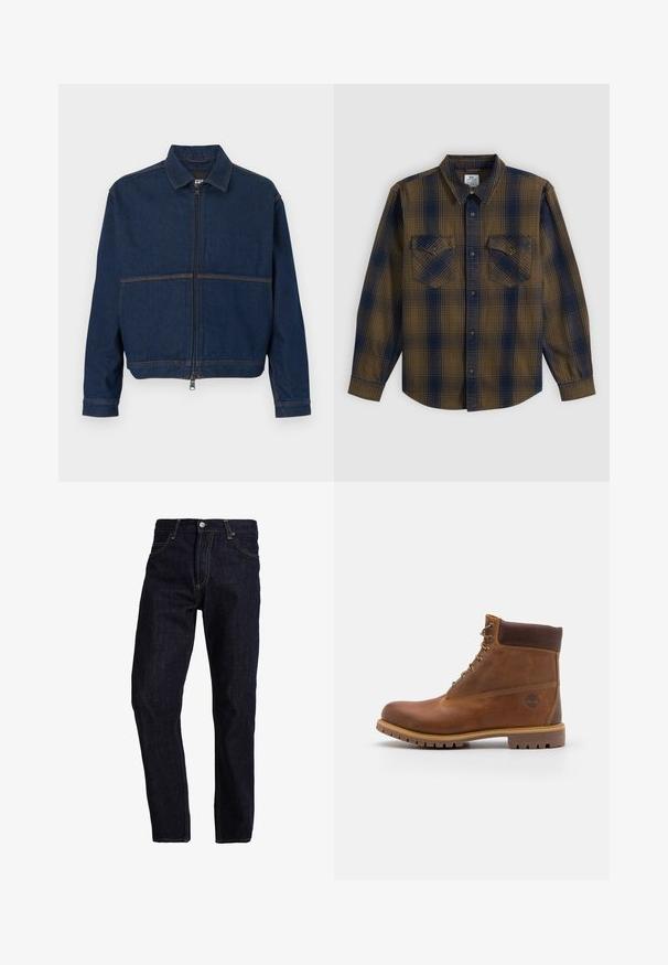 Donkerblauwe spijkerjasje met een ritssluiting aan de voorkant, een klassieke kraag en twee contrasterende naden over de borst. Lange mouwen met manchetten en knopen.; Overhemd met lange mouwen en knopen, met bruin en marineblauw ruitpatroon en twee borstzakken met knopen, plat uitgespreid op een witte achtergrond.; Donkerblauwe spijkerbroek met een rechte pasvorm, voorzien van gele stiksels, vijf zakken en een klassieke knoop- en ritsluiting.; Bruine leren wandelschoen met een gladde afwerking, gevoerde enkel, metalen oogjes en een rubberen zool met een robuust profiel.