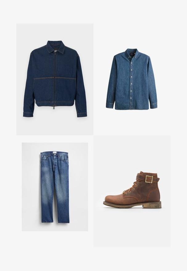 Dunkelblaue Jeansjacke mit einem Reißverschluss vorne, klassischem Kragen und zwei kontrastierenden Nähten über der Brust. Lange Ärmel mit Knopfmanschetten.; Denim-Hemd in Mittelblau, mit langen Ärmeln, spitzem Kragen, weißen Knöpfen und einer taillierten Passform sowie dezentem Logostick.; Blaue Denim-Jeans mit geradem Bein, vorne ausgeblichen, klassischem Fünf-Taschen-Design und Metallnieten an den Taschen.; Harley Davidson VNTGMOTO SHORT RIDING APPROVED - Cowboy-/Bikerstiefelette - brown