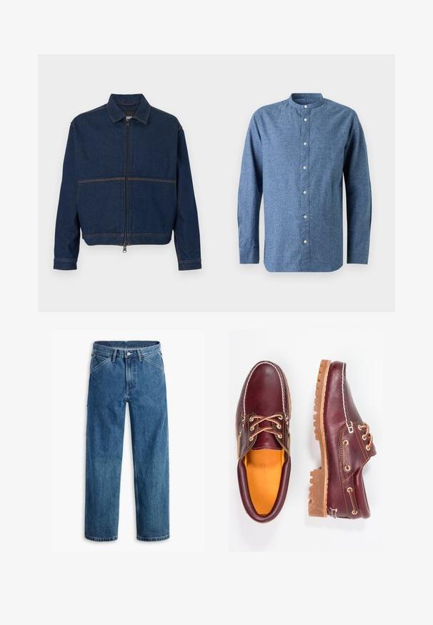 Dunkelblaue Jeansjacke mit einem Reißverschluss vorne, klassischem Kragen und zwei kontrastierenden Nähten über der Brust. Lange Ärmel mit Knopfmanschetten.; Blaues langärmliges Hemd mit Stehkragen und weißen Knöpfen, vor hellem Hintergrund präsentiert.; Blaue Jeans mit geradem Bein, Vordertaschen, Gürtelschlaufen, Metallknopf und Reißverschluss auf weißem Hintergrund.; Bordeauxfarbene Lederschuhe mit braunen Gummisohlen, runder Zehenform, weißen Nähten und goldenen Ösen. Das Innenfutter weist eine gelbe Beschichtung auf.