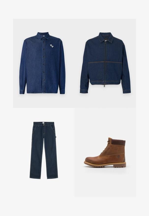 Mørkeblå denimjakke med lynlås foran, klassisk krave og to kontrasterende sømme hen over brystet. Lange ærmer med knapmanchetter.; Mørkeblå denimskjorte med knappelukning foran, lange ærmer og spids krave. Har en hvid broderet "RP"-logo.; Mørkeblå denim bukser med lige ben, forlommer, bæltestropper og knaplukning i taljen.; Brun læder vandrestøvle med en glat finish, polstret ankel, metalliske snørehuller og en gummisål med et robust dækmønster.