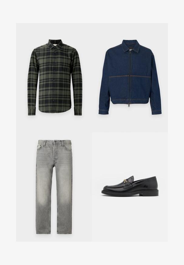 Dunkelblaue Jeansjacke mit einem Reißverschluss vorne, klassischem Kragen und zwei kontrastierenden Nähten über der Brust. Lange Ärmel mit Knopfmanschetten.; Langarmhemd im dunkelgrünen und schwarzen Karomuster, aus Flanell gefertigt. Verfügt über einen klassischen Kragen und schwarze Knöpfe.; Graue Denim-Jeans mit entspannter Passform, ausgestattet mit einer verblassten Waschung, einem Fünf-Taschen-Design, Knopfverschluss und geradem Bein.; Schwarze Lederleter mit einer abgerundeten Zehenpartie, ausgestattet mit goldenen Hardwareakzenten und Stichdetails, auf einer niedrigen, strukturierten Gummisohle.