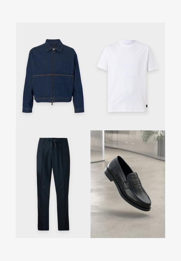 Donkerblauwe spijkerjasje met een ritssluiting aan de voorkant, een klassieke kraag en twee contrasterende naden over de borst. Lange mouwen met manchetten en knopen.; Effen wit T-shirt met korte mouwen en een ronde hals met een klein zwart onderhoudsetiket aan de onderzoom op een lichtgrijze achtergrond.; Marineblauwe broeken van gemêleerde stof, met een elastische tailleband, rechte pijpen en twee plooien aan de voorkant voor een verzorgde uitstraling.; Zwarte leren loafer met een gladde textuur, spitse neus en een decoratieve band over de wreef. Lichtgewicht zool, minimalistisch ontwerp.