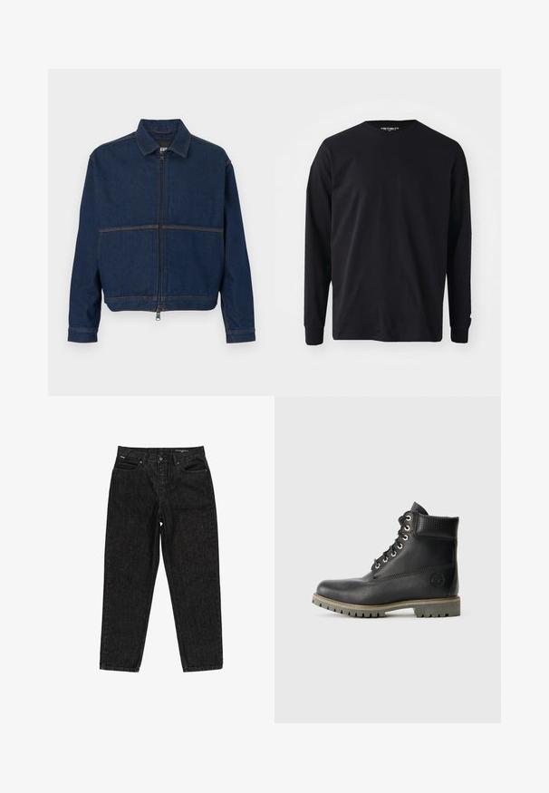 Mørkeblå denimjakke med lynlås foran, klassisk krave og to kontrasterende sømme hen over brystet. Lange ærmer med knapmanchetter.; Sort langærmet t-shirt lavet af bomuld, med rund halsudskæring og lige pasform, samt et lille logodetalje på ærmet.; Sorte denim jeans med en afslappet pasform, fem-lomme design, standard talje og en subtil tekstur finish.; Sorte læder ankelstøvler med snøredesign, polstret krave og en tekstureret panel. Har en robust sål og prægede logo på siden.