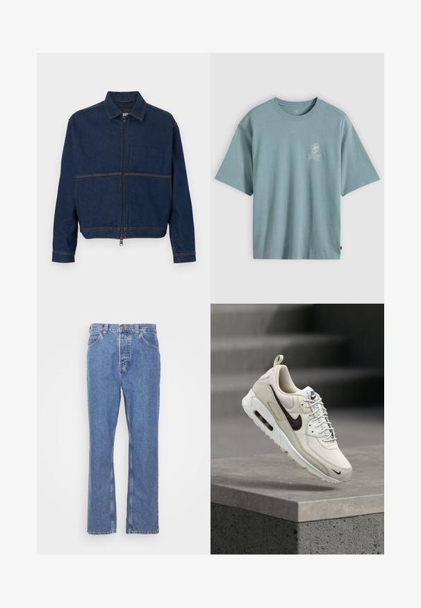 Mørkeblå denimjakke med lynlås foran, klassisk krave og to kontrasterende sømme hen over brystet. Lange ærmer med knapmanchetter.; Lyseblå bomuld T-shirt med rund halsudskæring og korte ærmer. Har et lille hvidt blomsterdesign på venstre bryst.; Blå denimjeans med lige pasform, fem lomme-design, bæltestropper og knaplukning. Stoffet har en blød, struktureret finish.; Beige og hvid Nike Air Max sneaker med sort swoosh-logo, hvide snørebånd og synligt Air-cushioning-sål, der hviler på en betonblok.