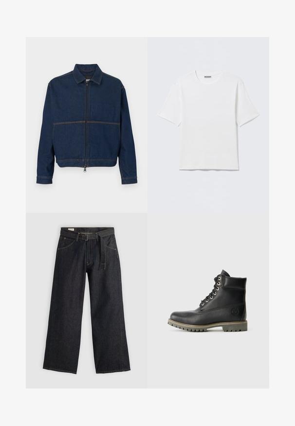 Dunkelblaue Jeansjacke mit einem Reißverschluss vorne, klassischem Kragen und zwei kontrastierenden Nähten über der Brust. Lange Ärmel mit Knopfmanschetten.; Schlichtes weißes T-Shirt mit kurzen Ärmeln und Rundhalsausschnitt, mit einem kleinen "WEEKDAY"-Etikett an der Innenseite des Rückenkragens, auf einer flachen Oberfläche liegend dargestellt.; Dunkelblaue Denim-Hosen mit weitem Bein und einem taillierten Gürtel, ausgestattet mit Vordertaschen und kontrastierender Naht. Glatte Textur mit einem schlichten Design.; Schwarze Leder-Stiefelette mit Schnürdesign, gepolstertem Kragen und strukturiertem Einsatz. Verfügt über eine robuste Sohle und ein geprägtes Logo an der Seite.