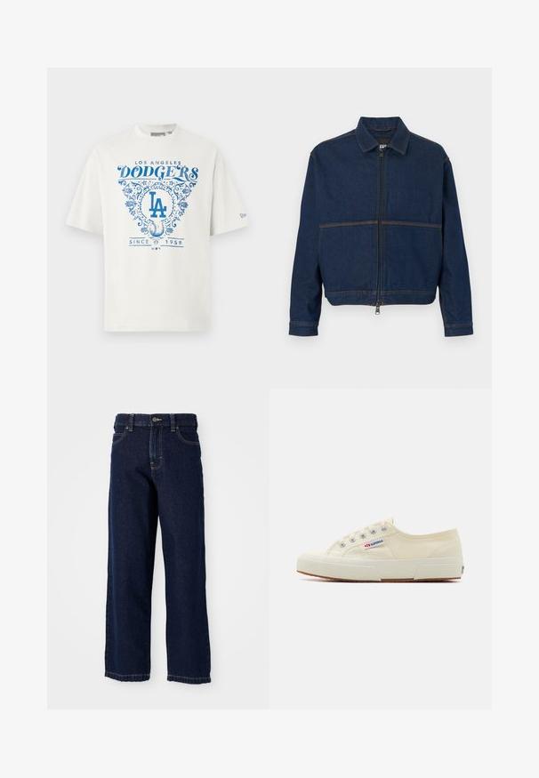 Donkerblauwe spijkerjasje met een ritssluiting aan de voorkant, een klassieke kraag en twee contrasterende naden over de borst. Lange mouwen met manchetten en knopen.; Witte katoenen t-shirt met blauwe grafische tekst "LOS ANGELES DODGERS" en "SINCE 1958" met bloemaccenten en het "LA"-logo in het midden.; Donkerblauwe wijde jeans van denim met een rechte snit, vijf zakken ontwerp en afwerksteken langs de zoom.; Beige canvas sneaker met een laag profiel, metalen oogjes en rubberen zool. Beschikt over een textuurpatroon en logodetail aan de zijkant.