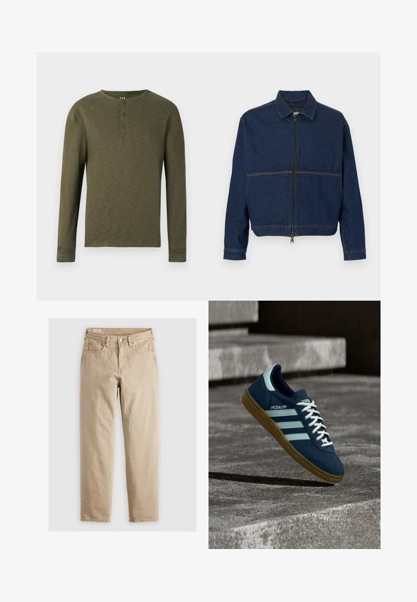 Donkerblauwe spijkerjasje met een ritssluiting aan de voorkant, een klassieke kraag en twee contrasterende naden over de borst. Lange mouwen met manchetten en knopen.; Olijfgroene henley shirt met lange mouwen, een ronde hals, drie knopen bij de kraag en een gestructureerde stofafwerking.; Beige denim jeans met een rechte pasvorm, voorzien van vijf zakken, een voorknopsluiting en subtiele stikdetails. Gladde textuur, casual ontwerp.; Blauwe Adidas Spezial sneaker met witte strepen en veters, gumzool, zwevend boven een ruwe betonnen oppervlakte en trappen op de achtergrond.
