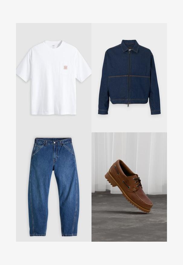 Mørkeblå denimjakke med lynlås foran, klassisk krave og to kontrasterende sømme hen over brystet. Lange ærmer med knapmanchetter.; Hvid T-shirt med korte ærmer og rund hals med en lille lomme på brystet med en beige og rød rektangulær label.; Blå denimjeans med afslappet pasform, med knaplukning, fem lommer og kontrasterende orange syninger. Glat tekstur over det hele.; Brun læder bådsko med sorte snørebånd, beige syninger og en robust sål, hængende over en grå betongulv.