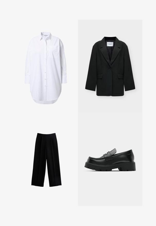 Sort enkelt-knaps blazer med hakreverser og klaplommer, mærket "TOPSHOP" på den indvendige krave, vist på en hvid baggrund.; Overdimensioneret hvid skjorte med lange ærmer, spidst krave, forlommer og let buet nederkant.; Sorte breddebenede bukser med en plisseret design, lavet af glat stof. Har en høj talje og en afslappet silhuet.; Sorte læder loafers med en chunky tekstureret sål, der har en rem over vamps og en glat, poleret finish.