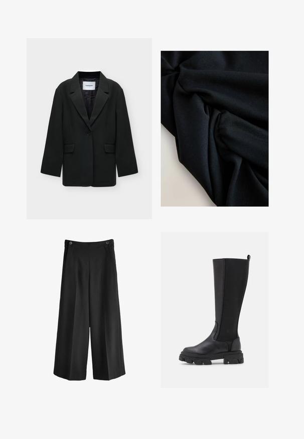 Zwarte enkelknopsblazer met inkepingsrevers en klepzakken, gelabeld met "TOPSHOP" op de binnenkraag, getoond op een witte achtergrond.; Zwarte stof met zichtbare textuur en plooien, waardoor zachte schaduwen en highlights op een lichtgekleurde ondergrond ontstaan.; Zwarte wijde broek met hoge taille, gemaakt van een gladde stof. Bevat twee voorkeurs en twee knopen bij de tailleband.; Zwarte kniehoge laarzen met een soepele leren voorkant en een gestructureerde stoffen achterkant, voorzien van een chunky geprofileerde zool en een lusje voor gemakkelijk aan- en uittrekken.