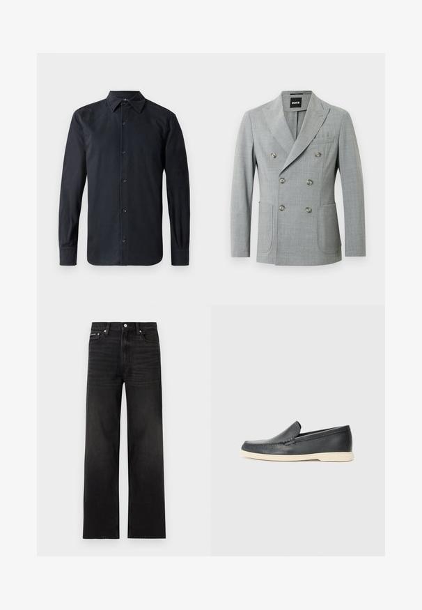 Grau, doppelt geknöpfter Blazer mit zwei Vorder-Taschen, Spitzenrevers und sechs runden silbernen Knöpfen. Hergestellt aus einem strukturierten, leichten Material.; Schwarzes Langarmhemd mit klassischem Kragen, vorderer Knopfleiste, aus glattem Stoff, mit geradem Schnitt und geknöpften Manschetten.; Schwarze Jeans mit geraden Beinen, fünf Taschen, Gürtelschlaufen und Knopfverschluss, auf weißem Hintergrund dargestellt.; Schwarzer Loafer aus Leder zum Hineinschlüpfen mit beiger Sohle, schwebend in der Luft nahe einem Metall-Draht-Magazinhalter auf einem Terrazzo-Boden.