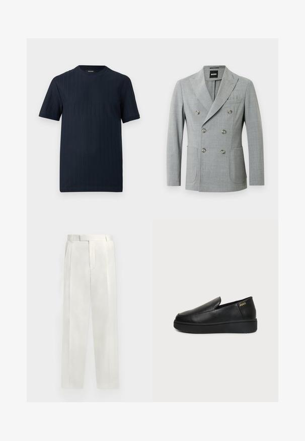 Blazer gris à double boutonnage avec deux poches avant, revers en pointe et six boutons ronds en argent. Fabriqué à partir d'un tissu léger et texturé.; T-shirt bleu marine à manches courtes et col rond, avec une subtile texture côtelée verticale, sur un fond uni.; Pantalon blanc ajusté avec plis à l'avant, taille, passants de ceinture et fermeture frontale dissimulée, présenté sur un fond neutre.; Chaussure noire en cuir à enfiler avec semelle épaisse et petits trous de ventilation latéraux, avec un logo doré "HUGO" près du talon.
