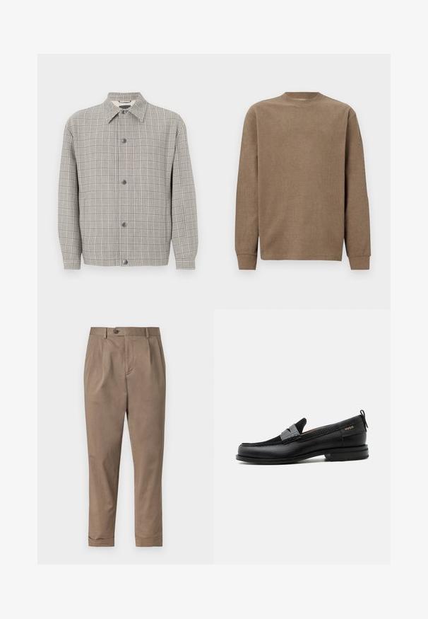 Veste à carreaux grise en tissu texturé, avec un col, une fermeture à boutons à l'avant et des manches longues.; Pull en maille côtelée marron à manches longues avec un col rond et des poignets ajustés. Texture douce et design simple, adapté pour un style décontracté.; Pantalons khaki à coupe ajustée, avec un pli devant, une fermeture à bouton et des poignets retroussés. Fabriqués à partir d'un tissu en coton léger.; Mocassin en cuir noir avec détail de bride grise, talon bas et semelle texturée, marqué "HUGO" en or sur le côté.