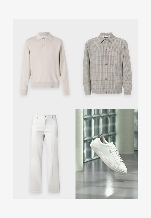 Grijze geruite jas van gestructureerde stof, met een kraag, sluiting met knopen aan de voorkant en lange mouwen.; Lichtbeige poloshirt met lange mouwen, gemaakt van zachte stof. Voorzien van een kraag, een drieknoopsluiting en ribgebreide manchetten en zoom.; Lichtgrijze broeken met een rechte pijp, gemaakt van een soepele stof, met een voorste knoopsluiting en zijzakken.; Witte leren lage sneaker met veters, zwarte hielstrook en "BOSS"-logo, zwevend binnenshuis bij een glazen stenen muur en gepolijste vloer.