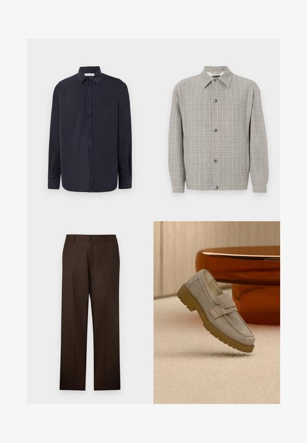 Hallitatud hallikirju jakk, mis on valmistatud tekstuursetest kangast, sisaldab kraed, esist nupuluku ja pikki varrukasid.; Samsøe Samsøe RYAN SHIRT - Pluus - salute; Pruunid kohandatud püksid otse säärekujuga, nupuga sulgemine ja sile kangastekstuur. Pole nähtavaid mustreid ega aktsente.; Hele halli seemisnahast kingamokk, millel on jämeda pruuni kummist tald, asetatud beežile vaibale, ees uduse pruuni ümmarguse laua ees.