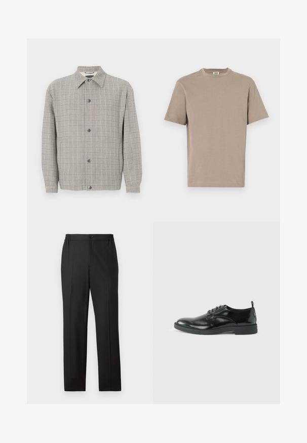 Veste à carreaux grise en tissu texturé, avec un col, une fermeture à boutons à l'avant et des manches longues.; T-shirt en coton beige avec un col rond, des manches courtes et un ourlet droit. Texture lisse, design minimal, sans graphiques ni accents visibles.; Pantalon noir avec une coupe droite, taille élastique avec fermeture à bouton, devant plat et texture de tissu lisse.; Chaussure habillée en cuir noir brillant avec un petit talon, fermeture à lacets et bout rond, vue de côté sur un fond uni et clair.