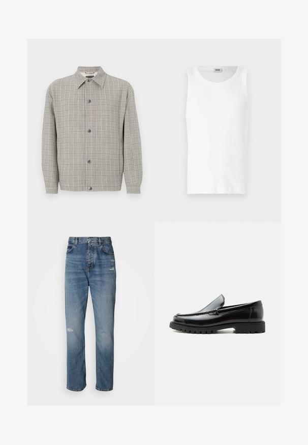 Veste à carreaux grise en tissu texturé, avec un col, une fermeture à boutons à l'avant et des manches longues.; Débardeur en coton blanc sans manches avec un col rond et une texture lisse. Design simple, sans motifs ni accents.; Jean en denim bleu clair au design droit, avec une fermeture à bouton et zip, cinq poches et des détails usés près des genoux.; Mocassin en cuir noir avec semelle en caoutchouc épaisse, dessus cousu et nom de marque embossé sur le talon, présenté de profil sur fond blanc.