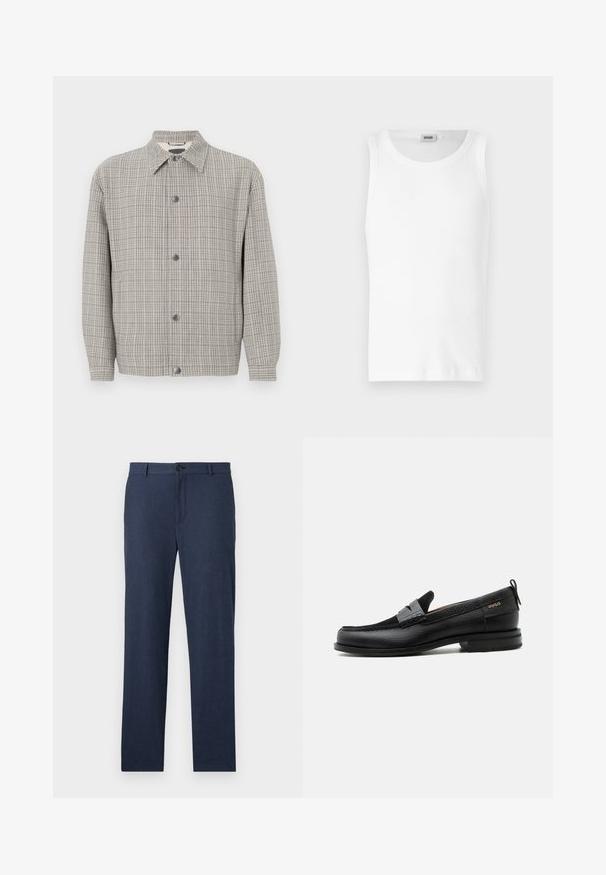 Veste à carreaux grise en tissu texturé, avec un col, une fermeture à boutons à l'avant et des manches longues.; Débardeur en coton blanc sans manches avec un col rond et une texture lisse. Design simple, sans motifs ni accents.; Pantalon bleu marine en tissu texturé avec une coupe droite, présentant une fermeture à bouton à l'avant et sans poches visibles.; Mocassin en cuir noir avec détail de bride grise, talon bas et semelle texturée, marqué "HUGO" en or sur le côté.