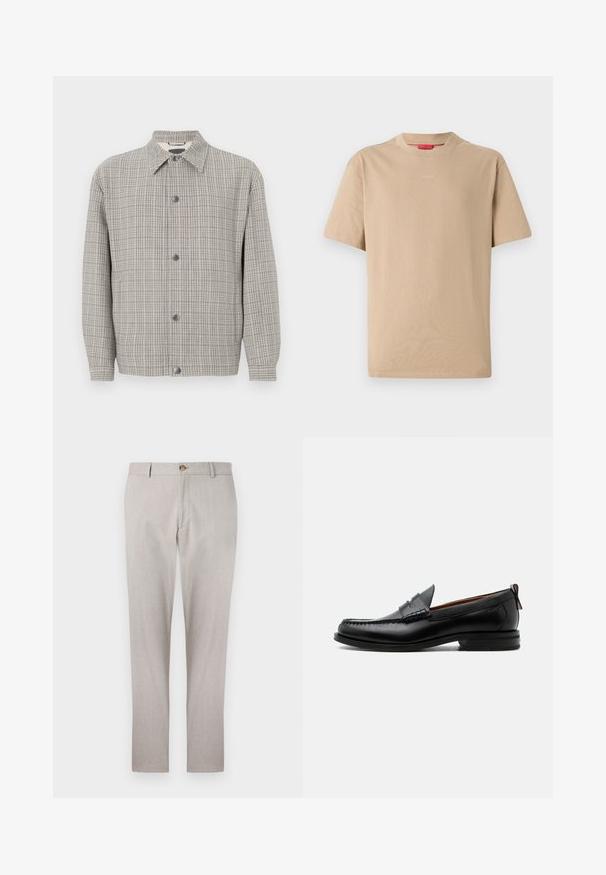 Grå ternetjakke lavet af tekstureret stof, med krave, frontlukning med knapper og lange ærmer.; Beige bomulds T-shirt med korte ærmer, rund halsudskæring og subtilt "HUGO" logo i midten. Glat overflade, afslappet pasform.; Lys grå linnedrenser med en skræddersyet design, knaplukning, sidelommer og lige ben. Blød tekstur og minimale syninger.; Sort læder herre loafer med moc-tå syning, penny strop, struktureret krave og lav stablet hæl på hvid baggrund.