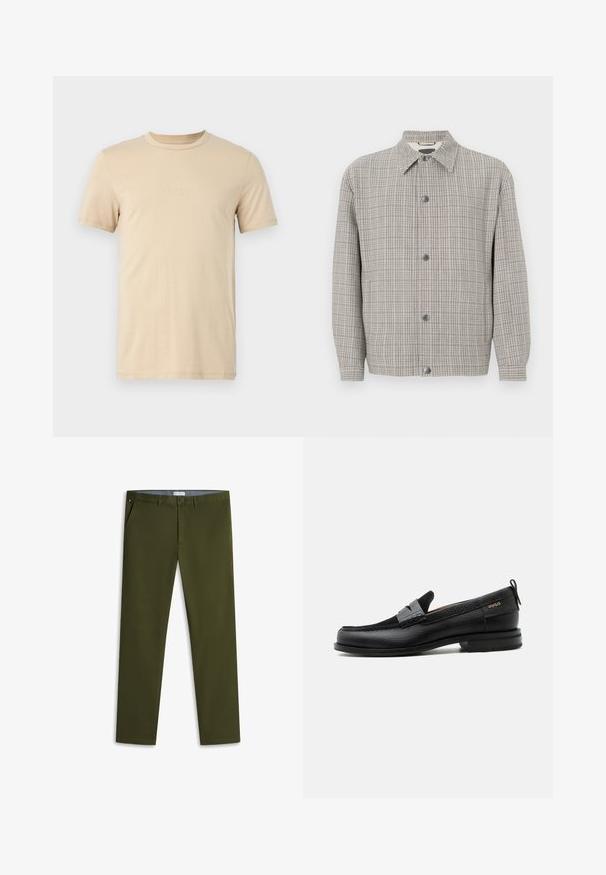 Veste à carreaux grise en tissu texturé, avec un col, une fermeture à boutons à l'avant et des manches longues.; T-shirt en coton beige à manches courtes, avec un col rond et un texte LOGO en relief sur le devant. Tissu lisse et coupe standard.; Pantalon chino slim vert olive avec bouton et fermeture éclair à l’avant, poches latérales et passants pour ceinture, posé à plat sur fond blanc.; Mocassin en cuir noir avec détail de bride grise, talon bas et semelle texturée, marqué "HUGO" en or sur le côté.
