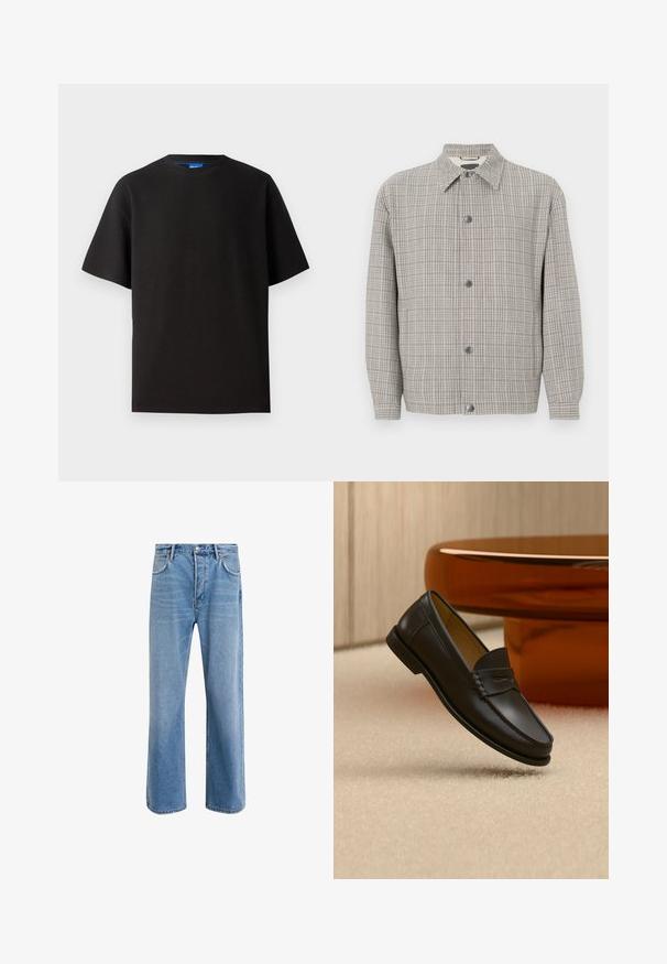 Grå ternetjakke lavet af tekstureret stof, med krave, frontlukning med knapper og lange ærmer.; Sort t-shirt med korte ærmer, rund hals, lavet af ribbet stof. Har en afslappet pasform og et subtile blåt mærke indeni halsudskæringen.; Lyseblå denim jeans med lige ben-design, fem lommer, knaplukning, minimal falming og kontraststingdetaljer.; Sort læder loafer-sko hængende over beige tæppe med ravfarvet moderne møblement i baggrunden.
