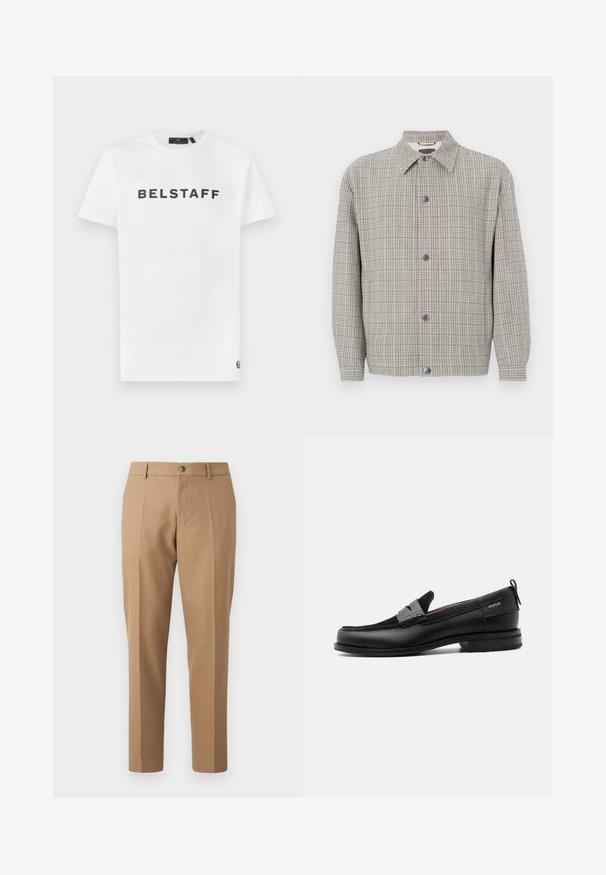 Grå ternetjakke lavet af tekstureret stof, med krave, frontlukning med knapper og lange ærmer.; Hvid bomulds t-shirt med et sort "BELSTAFF" logo på forsiden. Klassisk crew neck og korte ærmer med en lille logodetalje på kanten.; Tansfarvede skræddersyede bukser med lige ben, der har en enkelt frontfold, knaplukning og subtile syninger.; Sort læderloafer med grå remdetalje, lav hæl og tekstureret sål, mærket med "HUGO" i guld på siden.