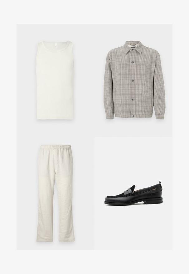 Veste à carreaux grise en tissu texturé, avec un col, une fermeture à boutons à l'avant et des manches longues.; Débardeur en coton blanc avec un col rond, des bretelles larges et une coupe ajustée. Texture lisse, sans motifs ni accents.; Pantalons en lin léger beige avec taille élastique, coupe droite, et sans poches ni fermetures visibles.; Mocassin en cuir noir avec détail de bride grise, talon bas et semelle texturée, marqué "HUGO" en or sur le côté.