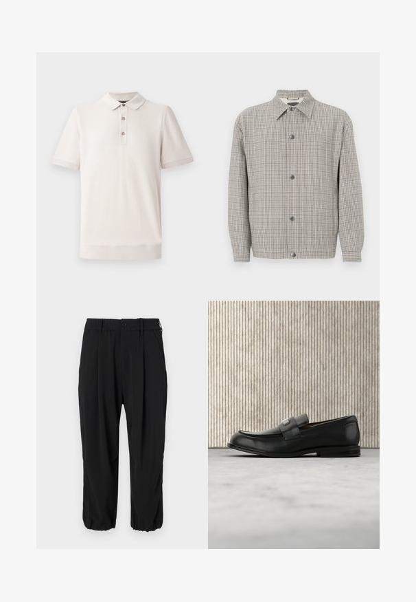 Grå ternetjakke lavet af tekstureret stof, med krave, frontlukning med knapper og lange ærmer.; Kortærmet polo-shirt i lys beige, tekstureret materiale med krave og tre knaplukninger; ribbede detaljer ved ærmer og kant.; Sorte cropped bukser med elastisk talje med knap, sidelommer og en afslappet pasform med manchetter ved anklerne.; Sort læderloafer med metalbrandskilt hvilende nær et brunt rundt bord på beige tæppe.