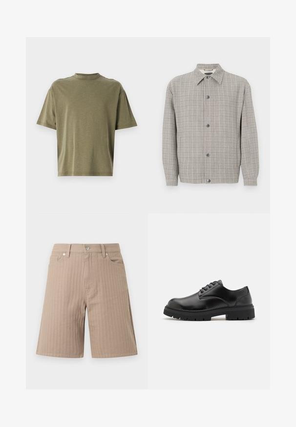 Grå ternetjakke lavet af tekstureret stof, med krave, frontlukning med knapper og lange ærmer.; Olivengrønt crop t-shirt lavet af blødt stof med høj rund hals og korte ærmer i en afslappet skæring.; Beige shorts lavet af tekstureret stof med lodrette striber, en linning med knap foran og sidelommer.; Sorte lædersko med rund tå, snørelukning og en tykk, struktureret gummisål. Har syninger langs kanten og en glat overflade.