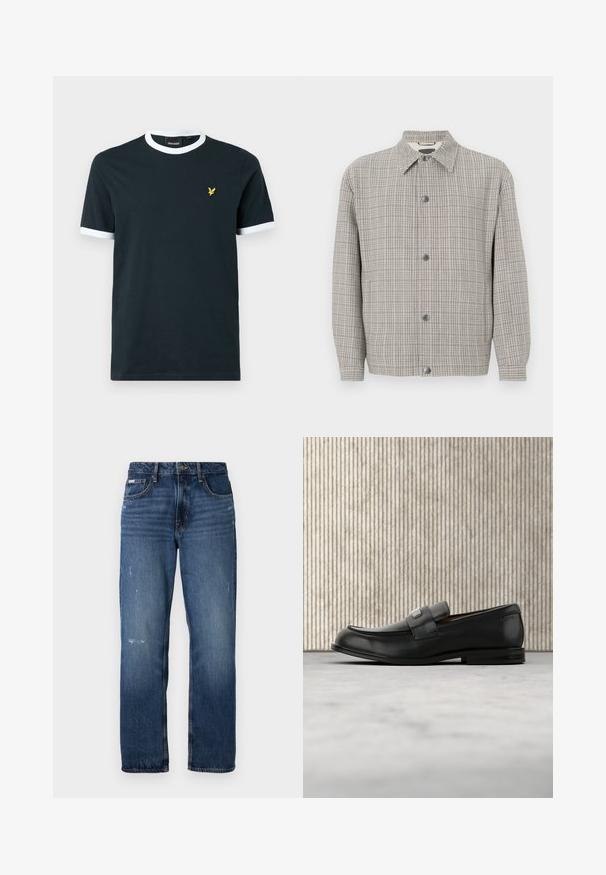 Grå ternetjakke lavet af tekstureret stof, med krave, frontlukning med knapper og lange ærmer.; Marineblå bomulds T-shirt med hvid ribkant ved kraven og ærmekanterne. Udstyret med et lille gult broderet logo på venstre bryst.; Blå denim jeans med lige ben design. Har slidte områder og let slitage på forsiden, med en klassisk knaplukning.; Sort læderloafer med metalbrandskilt hvilende nær et brunt rundt bord på beige tæppe.