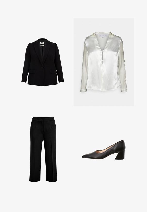 Schwarzer Blazer mit Reverskragen, Einzelknopfverschluss, zwei Vordertaschen und langen Ärmeln. Aus glattem Stoff mit taillierter Passform gefertigt.; STUDIO ID ALYSSA - Bluse - champagne; Schwarze, weite Hosen aus glattem Stoff mit zwei vorderen Taschen und einem flachen Bund. Maßgeschneiderter Schnitt mit klarer Silhouette.; Schwarzer Damen-Pumps aus Leder mit spitzer Schuhspitze und niedrigem Blockabsatz, beige Innenausstattung, seitliche Ansicht auf weißem Hintergrund.
